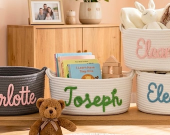 Personalized Pet Storage Basket, Custom Name Cotton Rope Bin, Dog Toy Organizer, Neutral Home Decor Gift
