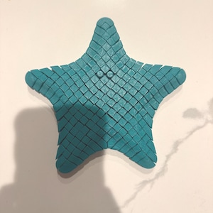 May include: A turquoise starfish with a woven texture. The five-pointed shape has rounded tips and a small, circular detail at the center. The surface is a solid, vibrant teal color.
