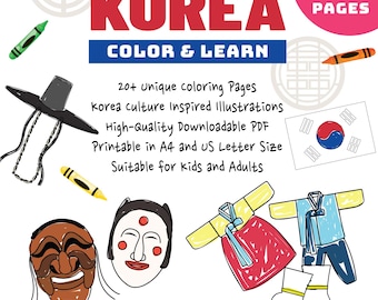 Korea Coloring Pages Printable, Korean Culture Activity Book, Hangul Practice Worksheets, Kids Educational PDF (Instant Download)