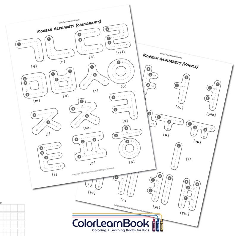 May include: Two white sheets of paper with Korean alphabet tracing exercises. One sheet displays consonants, the other vowels. Each character has numbered arrows to guide stroke order. The ColorLearnBook logo is at the bottom.