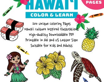 Hawaii Coloring Pages Printable, Tropical Island Coloring, Kids Educational Activity PDF, Beach Palm Tree Aloha Theme (Instant Download)