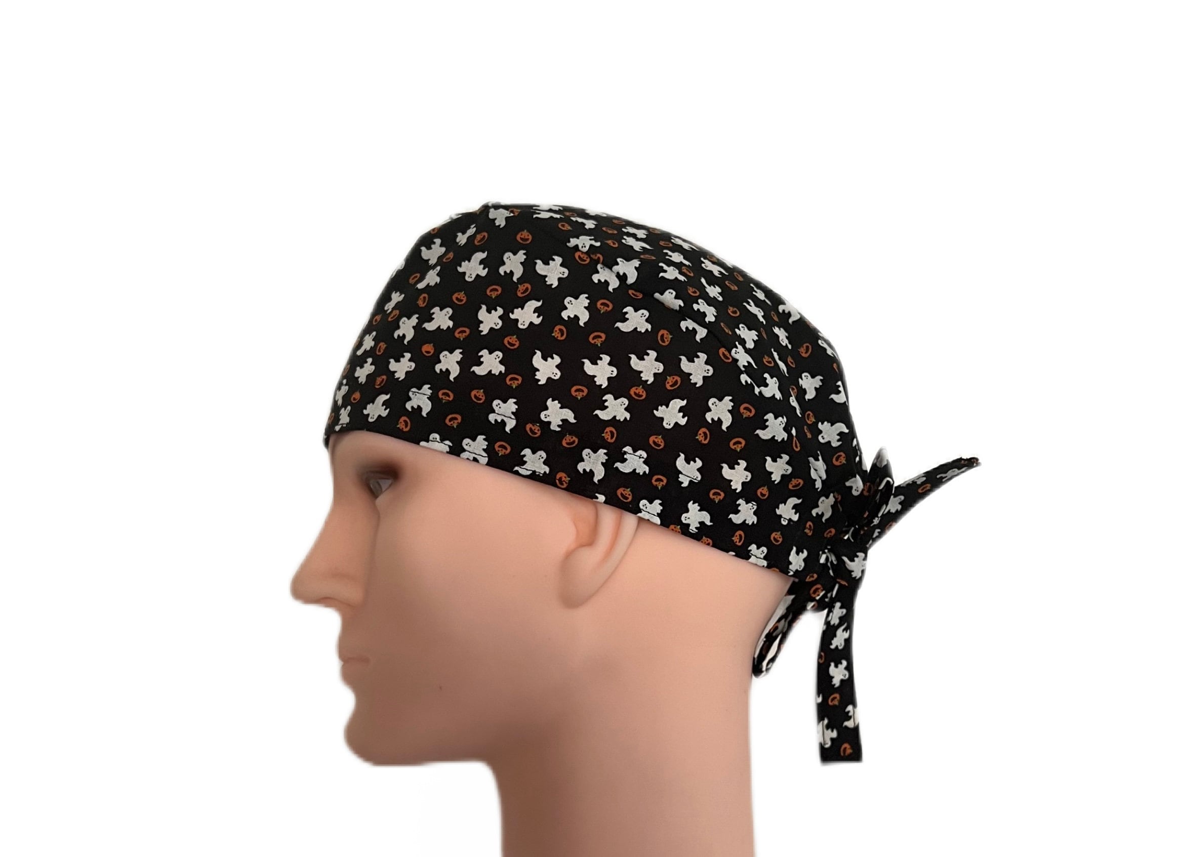 Ghost and Pumpkin Scrub Cap, Halloween Surgical Cap, Spooky Scrub Hat, Anesthesiologist Cap, Scrub Hat with Ties
