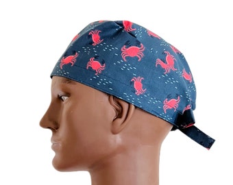 Men&#39;s Red Crab Scrub Cap. Doctor&#39;s Surgical Cap with Tie Back, Anesthesiologist Scrub Hat, Nurse A Little Crabby Tie Back Surgical Hat