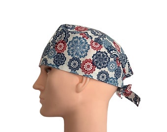 Mandala Scrub Cap, Red White and Blue Scrub Hat, Men&#39;s Surgical Cap, Anesthesiology Hat, Scrub Cap for Men