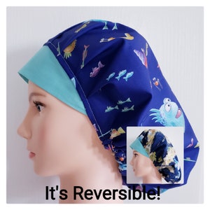 Ocean Life Reversible Scrub Cap, Blue Sea Creature Bouffant Cap, Surgical Hat for Long Hair, Scrub Cap for Women, Anesthesiologist Cap