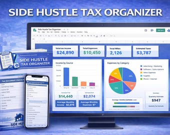 Side Hustle Tax Organizer Tabelle | Selbständige Steuer-Tracker | Steuerplan für kleine Unternehmen | Abzug-Tracker | Google Sheets Dashboard