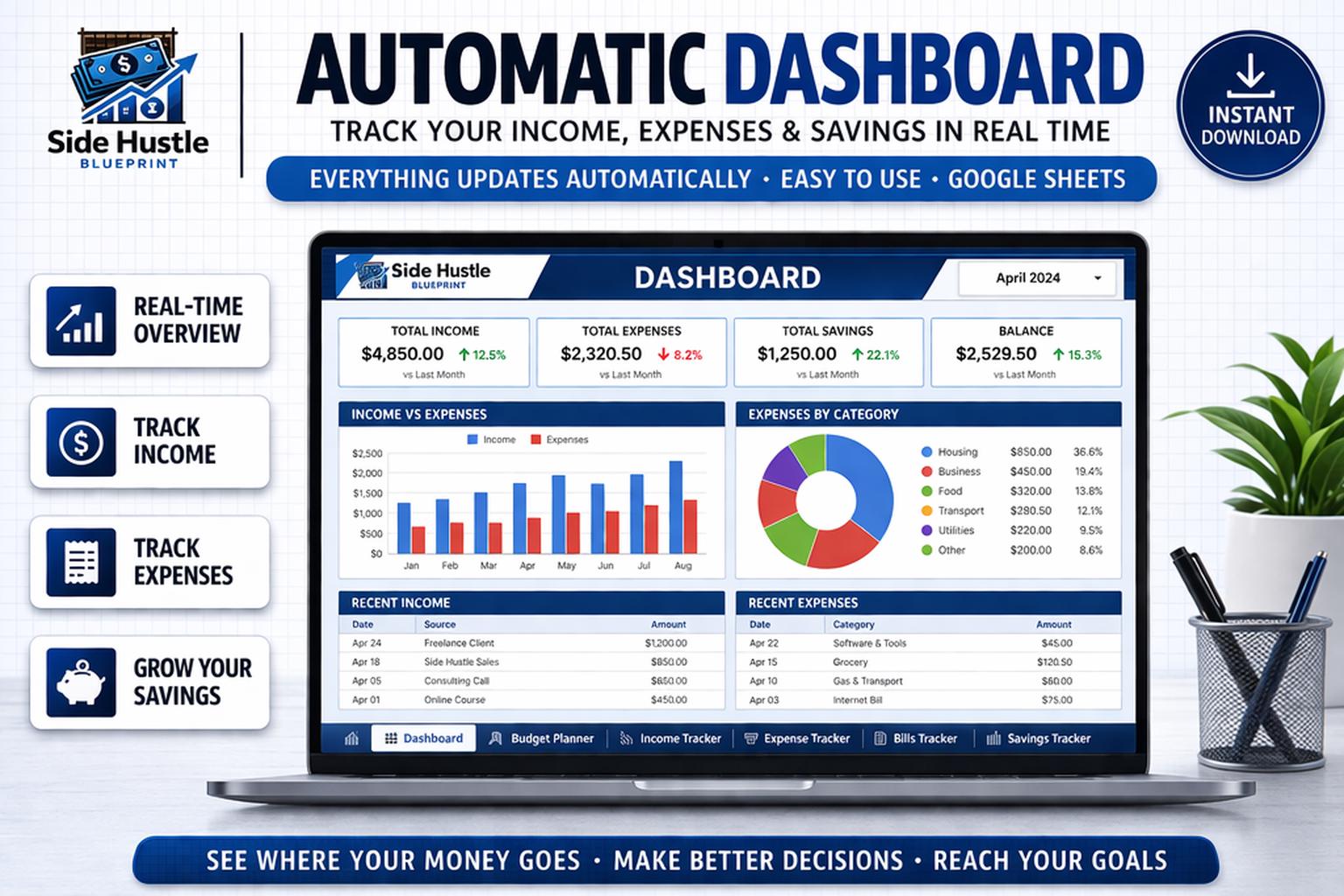 Monthly Budget Planner Google Sheets | Income Expense Tracker ...