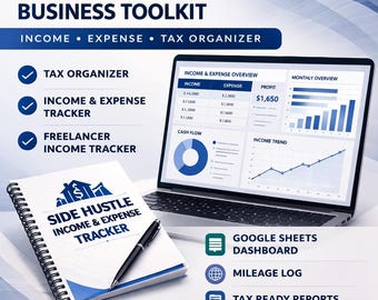 Side Hustle Business-Toolkit | Google Sheets und PDF | Einnahmen und Ausgaben Tracker | Steuer Organizer | Freelancer-Planer