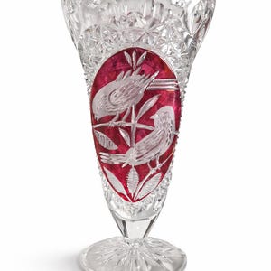 Vaso vintage Hofbauer Byrdes Ruby Flash • Motivo a uccelli in cristallo della Germania Ovest • Stile Boho