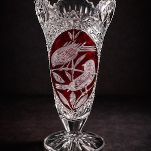 Vintage Hofbauer Byrdes Ruby Flash Vase • Cut Crystal Bird Motif • West Germany