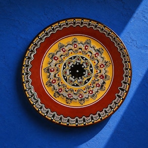 Vintage Hand Painted Ceramic Plate – Balkan Folk Art – Psychodelic Red & Yellow Swirl Pattern – Decorative Pottery Dish