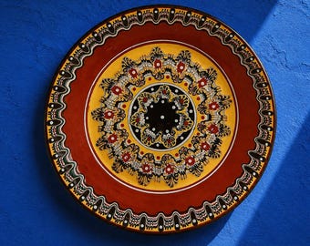 Vintage Hand Painted Ceramic Plate – Balkan Folk Art – Psychodelic Red & Yellow Swirl Pattern – Decorative Pottery Dish