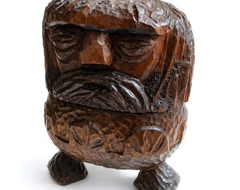 Hand Carved Wooden Box Face Sculpture | Folk Art Trinket Box | Vintage Jewelry Box Wood | Primitive Brutalist Decor| Altar Box