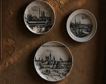 Set of 3 German Souvenir Plates | Hamburg Augsburg Royal Porzellan Bavaria KPM | Wall Decor Art Sketch | City View Porcelain