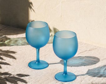 Blue Frosted Glass Goblets Set of 6, Vintage Satin Wine Glasses, Mid Century Barware, Turquoise Stemware
