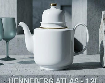 1.2L Henneberg Atlas Porcelain Teapot | East German DDR Bauhaus Style | White Gold Minimalist Coffee Pot | Retro Tea Server