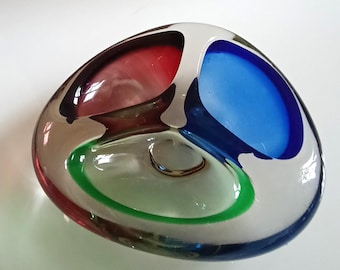 Mid Century Sommerso Glass Bowl • Color Block Art Glass • Red Blue Green • Vintage Modern Sculpture Dish