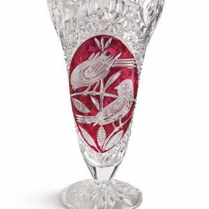 Vintage Hofbauer Byrdes Ruby Flash Vase – West Germany Crystal Bird Motif Bohemian Style