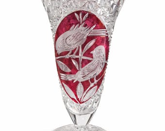 Vintage Hofbauer Byrdes Ruby Flash Vase – West Germany Crystal Bird Motif Bohemian Style