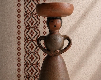 Vintage Candle Holder - Folk Art Ceramic Figure - Mid Century Studio Pottery - Brutalist Style