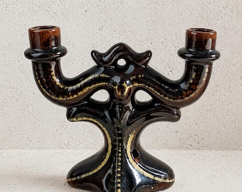 Vintage Ceramic 2 Arm Candle Holder – Sculptural Dark Glaze Candlestick, 70s Style, Mid Century Decor