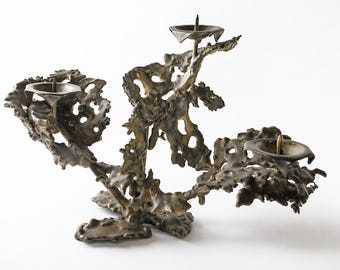 Brutalist Studio Art Candle Holder | Abstract Torch Cut Metal Sculpture | MCM Modernist Organic Centerpiece | Brutalist Decor