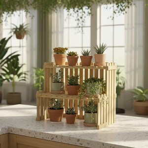 May include: A wooden tiered plant stand displays various potted plants. The plants include succulents and other greenery in terracotta pots and ceramic containers. The stand is on a countertop in front of a window.