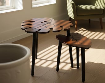 Monstera Leaf Nesting Tables Set: Wooden Side Tables, Modern Plant Inspired Living Room Decor