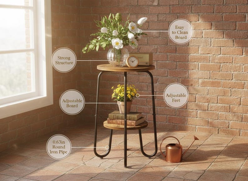 K&ouml;nnte beinhalten: Kleiner, runder Beistelltisch aus Holz mit schwarzem Metallrahmen. Der Tisch hat zwei Ebenen mit einem Regal darunter. Auf der Tischplatte stehen eine Vase mit wei&szlig;en Blumen, eine kleine Uhr und eine kleine Topfpflanze. In der N&auml;he einer Backsteinmauer.