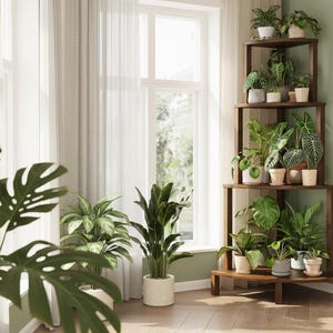 May include: A dark brown wooden corner plant stand filled with various potted plants. The stand has multiple shelves, and the plants include large-leafed varieties and smaller potted greenery. The room has a window with sheer curtains.