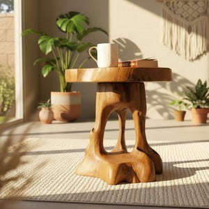 May include: A natural wood side table with a unique, organic design. The table features a round top and a sculpted base. A white mug and a book rest on the table. The room is decorated with plants and a macrame wall hanging.