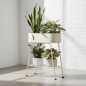 May include: A cream-colored, two-tiered plant stand with a rectangular top and a lower shelf. The stand holds several potted plants with green and variegated leaves. The stand is made of metal and has a minimalist design.