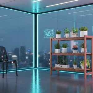 K&ouml;nnte beinhalten: Ein modernes Interieur mit einem schwarzen Stuhl und einem h&ouml;lzernen Pflanzenst&auml;nder mit verschiedenen Topfpflanzen. Der Raum hat gro&szlig;e Fenster mit Blick auf die Skyline und blaue Neonbeleuchtung.