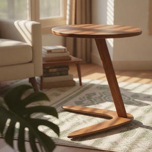 May include: A round wooden side table with a single angled support leg and a V-shaped base. The tabletop features a dark wood inlay strip running across the center. The table is constructed from a medium-toned wood with a smooth, polished finish.