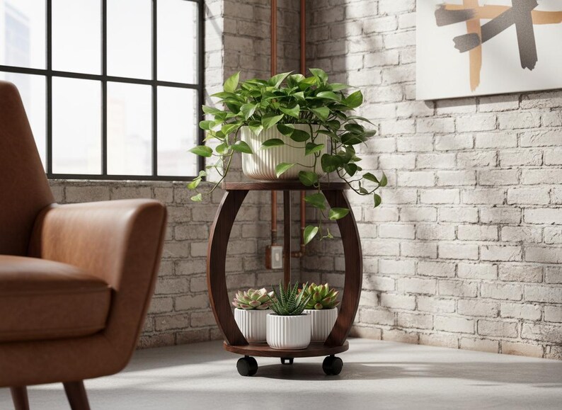 2 Tier Wooden Plant Stand With Wheels, Rustic Farmhouse Plant Table ...