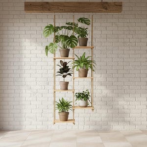 May include: A hanging wooden plant shelf with six potted plants against a white brick wall. The plants have green leaves and are in brown pots. The shelf is suspended by ropes from a wooden beam.