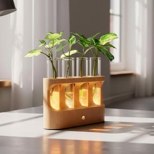 May include: A wooden propagation station with five glass tubes holding green plants. The wooden base has a warm, natural finish and a small light source illuminating the water and roots. The setup is on a white surface near a window.