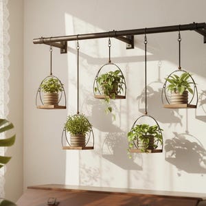 May include: A wall-mounted, dark metal plant holder with five hanging planters. Each planter features a small wooden shelf and a metal frame holding a potted plant. The plants have green leaves and are in neutral-colored pots.