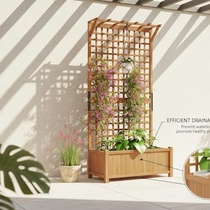May include: A wooden trellis planter with a rectangular base and a lattice back. The planter is filled with green plants and pink flowering vines. A small white hanging basket is suspended from the trellis. The text reads "EFFICIENT DRAINAGE SYSTEM".