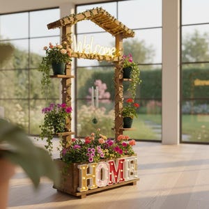 Rustic Wooden Plant Stand with LED Light, Farmhouse Garden Decor