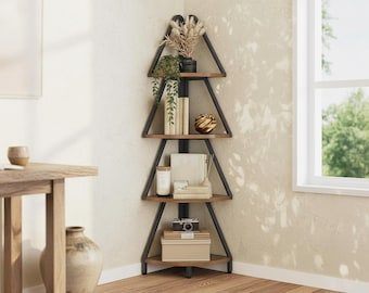 4 Tier Corner Shelf Plant Stand Tree Shaped Bookshelf Rustic Corner Storage Rack Small Space Home Decor