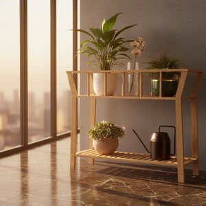 May include: A wooden plant stand with two shelves, holding various potted plants and a watering can. The plants include a large-leafed plant, orchids, and small green plants. The stand is in front of a large window with a city view.