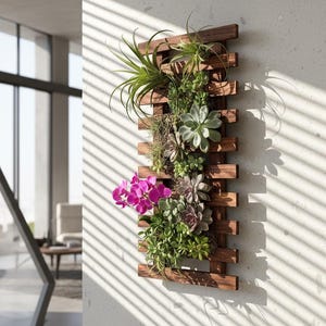 May include: A vertical wooden planter with a variety of live plants, including succulents and a vibrant pink orchid. The planter is made of dark brown wood and is mounted on a white wall, creating a natural, decorative element.