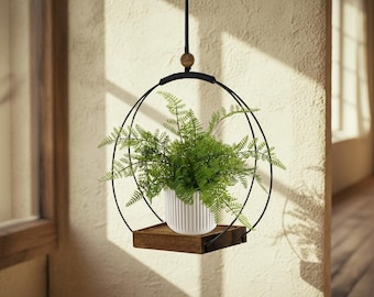 Hanging Planter Indoor Boho Macrame Plant Hanger Wall Hanging Planter Black Wood Base Modern Minimalist Home Decor