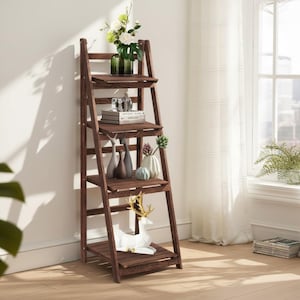 4 Tier Wooden Ladder Shelf, Folding Plant Stand, Rustic Freestanding Bookshelf, Indoor Outdoor Storage Rack Decor