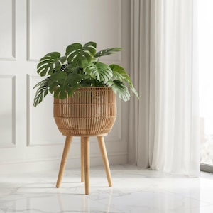 Rattan Plant Stand Indoor with Wood Legs, White Floor Planter Basket with Liner, Boho Mid Century Modern Plant Holder for Living Room Decor