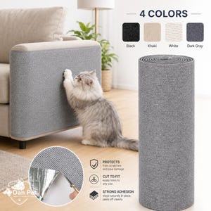 May include: A gray cat scratches a gray sofa protector. The image shows a roll of the protector and color swatches in black, khaki, white, and dark gray. Text reads "4 COLORS", "PROTECTS from scratches and paw damage", "CUT TO FIT easily trims to any size", and "STRONG ADHESION stays securely in place, peels off cleanly."