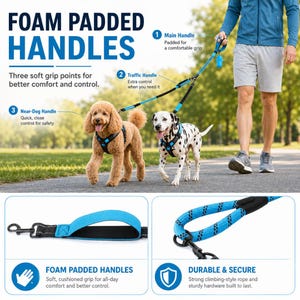 May include: A blue and black dog leash with foam padded handles. The leash has three soft grip points for comfort and control. The image shows a person walking two dogs, a poodle and a Dalmatian, using the leash.