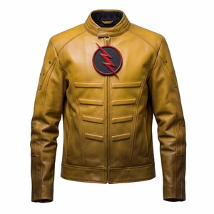 Jaqueta de couro amarela inspirada em Eobard Thawne, modelo Reverse Speedster, estilo super-herói/vilão, ideal para cosplay em Comic Con.