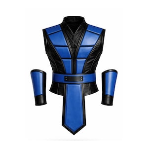 May include: A blue and black cosplay costume set. The set includes a vest, belt, and two arm cuffs. The vest has a blue padded design on the front and back, with black accents. The belt and arm cuffs are blue and black.
